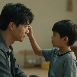 a boy touching his father's hair, artstation, cinematic