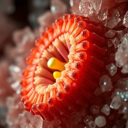 electron microscope enlargement of a chilopoda section, surrounded by acicular crystals, refracted kodachromatic internal lighting, complementary colors