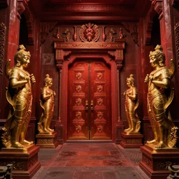 path, door, statues, gold, red lighting, fantasy, digital art, HD, detailed, 4k