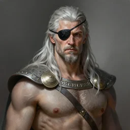painted portrait of rugged odin, god of war, eyepatch on one eye, norse god, white hair, masculine, mature, handsome, upper body, grey and silver, muscular, hairy torso, fantasy, intricate, muscular, elegant, highly detailed, digital painting, artstation, concept art, smooth, sharp focus, illustration, art by gaston bussiere and alphonse mucha