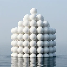 many white spheres are stacked together to form a building on the calm water, designed by antti lovag