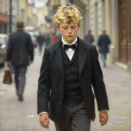 detailed portrait of beautiful blonde boy magician walking down a city street, closed eyes, natural light, painting by gaston bussiere, craig mullins, j. c. leyendecker