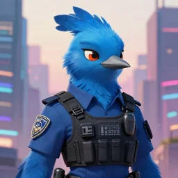 A beautiful portrait commission of a female furry anthropomorphic anthro avian blue bird wearing a security guard uniform with a bullet proof vest. Cyberpunk city