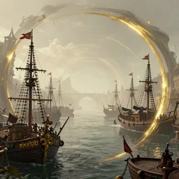 a retrowave aesthetic style artwork of a pirate harbour, divine, hazy, volumetric lighting, spacetime bending, very detailed, serene, gold accents, washed out colors, beautiful artwork, master level composition, raytracing