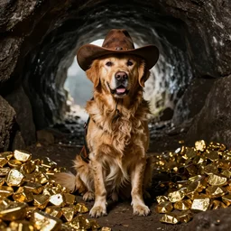 a dirty golden retriever in a dark mine wearing a wild west hat and jacket, large piles of gold nuggets, moody lighting, light coming from tunnel entrance, stylized photo