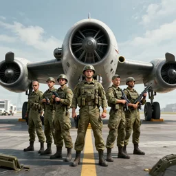 soldiers posing in front of an airplane, science fiction industrial hard science concept art, 8K render octane high definition cgsociety