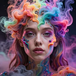 a beautiful girl engulfed in colorful liquid smoke and neon clouds, a colorful psychedelic experience, dmt, lsd, face, highly detailed, artstation, concept art, psilocybin, sharp focus, digital art by hana yata, and artem demura and beeple, lisa frank, shannon maer, octane render, unreal engine, 8 k