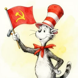 the cat in the hat waving a flag, hammer and sickle flag, detailed, watercolor, in the style of dr. seuss, dr. seuss, zany