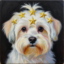 intricate five star maltese dog facial portrait by pablo picasso, oil on canvas, hdr, high detail, photo realistic, hyperrealism, matte finish, high contrast, 3 d depth, centered, masterpiece, vivid and vibrant colors, enhanced light effect, enhanced eye detail, artstationhd