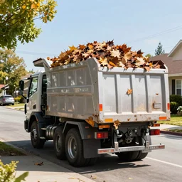 dump truck full of leaves on a sunny suburban street by akihito yoshitomi and yoji shinkawa and greg rutkowski, mark arian trending on artstation