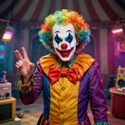 portrait of agent 4 7 as a clown, colorful, funny, circus background, cinematic, dramatic light, high detail, raytracing, neon light, inside a messy room, masterpiece, art by jisu choe