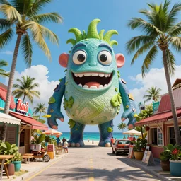 a tropical seaside street view with a giant weird creaturesimon stalenhag, highly detailed, digital art, realistic, trending on artstation, 4 k