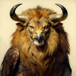 a mystic creature with the body and eyes of a man, with the beak of an eagle, with the mane of a lion, with two horns of an ox on the head. drawn by frank frazetta