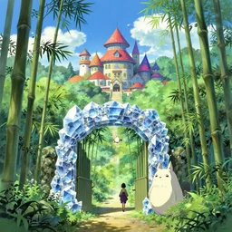 a crystalline gate to another dimension next to a colorful kitsune wizard college, anime movie background, key visual, bamboo, a fantasy digital painting by makoto shinkai and james gurney, trending on artstation, highly detailed