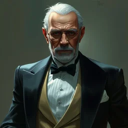 old man in a tuxedo, futuristic suit, monocle ， highly detailed, digital painting, artstation, concept art, smooth, sharp focus, illustration, art by krenz cushart and artem demura and alphonse mucha and tony sandoval