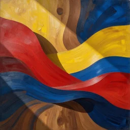 an abstract composition made of red, yellow, and blue wood