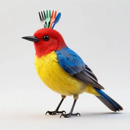 photo of a bird made of utensils, red airbrush on yellow saw tail, blue iron feathers, black scissor beak, head made of colorful forks, digital art, photorealistic, octane render, 8 k