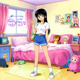 highly detailed colorful illustration of a teenager in her room in the 9 0's, clean shaped illustration by kim jung gi, ron english and eiichiro oda