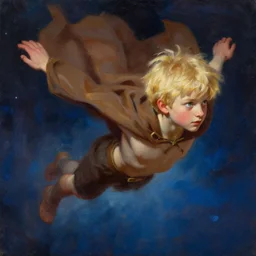 blonde boy wearing a brown cape and flying in t pose, closeup, powerful, space background, oil painting, brush strokes, greg rutkowski
