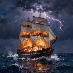 A masterpiece painting of a ship in stormy seas, on fire, late at night, during a lightning storm, by Ivan Aivazovsky