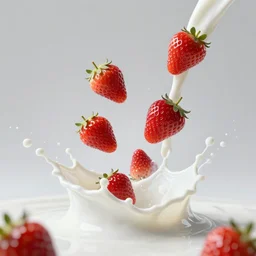 white milk splashes in air, strawberries falling through, advertising photo, highspeed photo, studio lighting