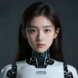 wide shot of a beautiful girl with human face and android body, cute - fine - face, pretty face, realistic shaded perfect face, fine details, 8 k, shallow depth of field, moody lighting, cinematic lighting,