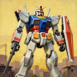 colourful - damaged - giant mecha ROBOT of AJEGUNLE SLUMS in Lagos, markings on robot, Golden Hour, painting by Utagawa KUNISADA,