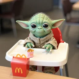 yoda sitting in a high chair at a table in a mcdonald's, happy meal box, 3 5 mm, f / 2. 8