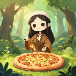 beautiful digital fantasy illustration of a pizza shaman!!, cute smiling attractive skeleton girl, the trees of a green woodlands glistens as the morning sun touches its leaves with her gentle rays. dryads of various ages walk through the forest, collecting to make into potions by alena aenami and arthur adams, octane render, detail texture, unreal engine, 8 k, detailed, ultra realistic