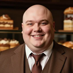 Close up portrait of a clean-shaven chubby man wearing a brown suit and necktie with a bakery in the background. Photorealistic. Award winning. Dramatic lighting. Intricate details. UHD 8K. He looks very happy.
