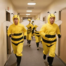 several men with bee costumes and bee wings running down the corridor of a capsule hotel