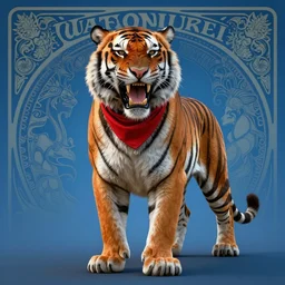 full body portrait of anthropomorphic tiger, growling, strong and ferocious, red tattered bandana by artgerm, cushart krenz, greg rutkowski, mucha. art nouveau. gloomhaven, full body tiger fur, blue tonal background, vibrant colors, sharp edges. ultra clear detailed. 8 k. elegant, intricate, octane render