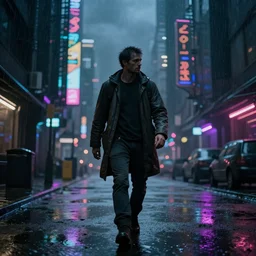 A man with nothing left to lose, wandering in the hostile neon-soaked dirty streets of a city from the future, armed and dangerous, cyberpunk. night, rain, dark clouds, realistic 4k octane beautifully detailed render, 4k post-processing, highly detailed, intricate complexity, epic composition, magical atmosphere, cinematic lighting, masterpiece, ultra hd