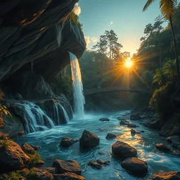 majestic waterfall streams and a cave in the exotic jungle in the evening sun, iceicles, by philippe gare, artstation, greg rutkowski