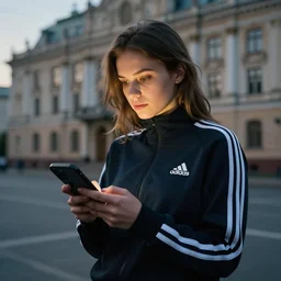 portrait of attractive slav heroine wearing an addidas tracksuit with a phone in hand. illuminated phone screen, slav building in backround, by greg rutkowski and wlop, detailed, cinematic, 8 k, intricate, rule of thirds.