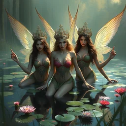 illustration studio portrait of three beautiful seraphim female energy in artistic poses in a pond in nature, monet painterly motives and textures pattern, hyper detailed, octane render, vivid colors, artstation, by jeremy mann, by alphonse mucha, by monet