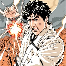 a very detailed manga panel of jackie chan in slam dunk, action lines, greg rutkowski, high resolution, dynamic pose, landscape, medium portrait, samurai outfit, action, hyper realistic, manga, takehiko inoue, sakuga