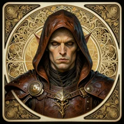 head-on symmetrical centered painted portrait, male orc goblin rogue, leather armour, art nouveau, fractal tarot card style, masterpiece, fantasy, intricate, elegant, highly detailed, smooth, sharp focus, illustration, artstation, in the style of Artgerm and Anna Podedworna and Alex Ross and Mucha