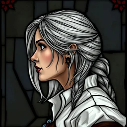 beautiful and detailed portrait of ciri from the witcher 3, profile view, side view, white blouse, ashen hair, stained glass art, by alphone mucha, very masterful