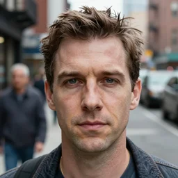closeup portrait of a Ben Shapiro , new york back street , by Steve McCurry and David Lazar, natural light, detailed face, CANON Eos C300, ƒ1.8, 35mm, 8K, medium-format print