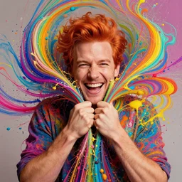 a portrait of a laughing man with ginger hair being pulled apart, by ross tran, psychedelic, rainbow, swirling splattered colors, otherworldly, abstract