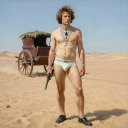 a beautiful full body portrait of heisenberg standing up in underpants with a gun on his hand in the middle of the desert alone, with a chariot in the background, art by franz xaver winterhalter, highly detailed, elegant, jewlery, romanticism, rococo, neoclassicism, 1 8 5 0 s style painting, oil on canvas, vivid