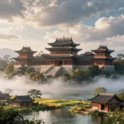 In the morning light, Chinese ancient buildings Magnificent and fantastic John Howe landscape, lake, clouds, farm,Fairy tale,light effect,Dream, Greg James Gurney