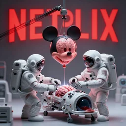 graphic art of dystopian futuristic 1 0 mechanic surgeons astronaut humans, operate on a dead mickeymouse!!! head balloon float brain!!! exposed, held by a crane. ominous glowing red netflix!!! sign in the background, trending on art station, beeple!!, clean concept art, smooth, octane render, minimal