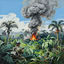 craig mullins epic oil on canvas painting of a vietnam war astonishing landscape, jungle with one grey smoke column, a little fire, blue sky, line art!!, ink, winning - award art concept for a book cover!!, harmonic colours, movie still, highly detailed, centered, hyperrealism, smooth, sharp focus trending on artstation, by greg manchess and by kilian eng and by jake parker