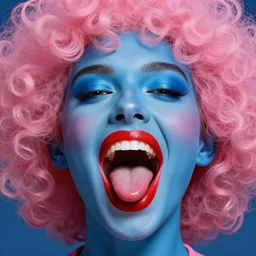 a face, big red mouth, blue skin, pink afro air, girl
