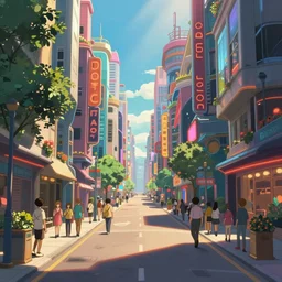 an optimistic futuristic city street with a pop motif, by Studio ghibli