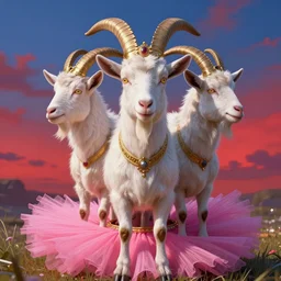 highly detailed portrait of a three - headed goat wearing golden crown and pink tutu, stephen bliss, unreal engine, fantasy art by greg rutkowski, rhads, ferdinand knab, makoto shinkai and lois van baarle, ilya kuvshinov, rossdraws, tom bagshaw, global illumination, radiant light, red blue theme, meadow