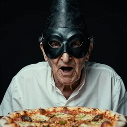 portrait photo of an old man, wrinkles, moody, sinister looking, long nose, crooked nose, large open mouth, black pulcinella masquerade mask, pointy conical hat, white wrinkled shirt, dramatic lighting, muted colors, pizza in foreground, black background, close - up, skin blemishes, acclaimed, nikon 5 0 mm, expensive masterpiece