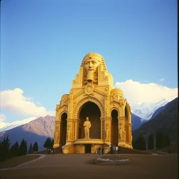 vintage color photo of a sculpture made of gold in cordillera de los andes with beautiful great arches and detail, architecture carved for a titan, image by werner herzog